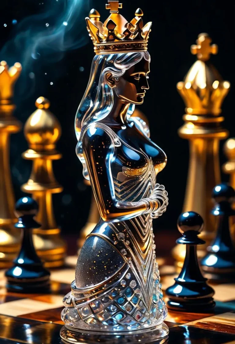 A luxury, metallic chess queen piece on a chessboard, created using Stable Diffusion AI