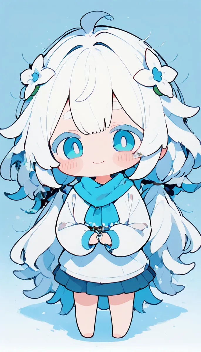 AI generated image of a chibi character with white hair, blue eyes, and floral accessories, using stable diffusion.