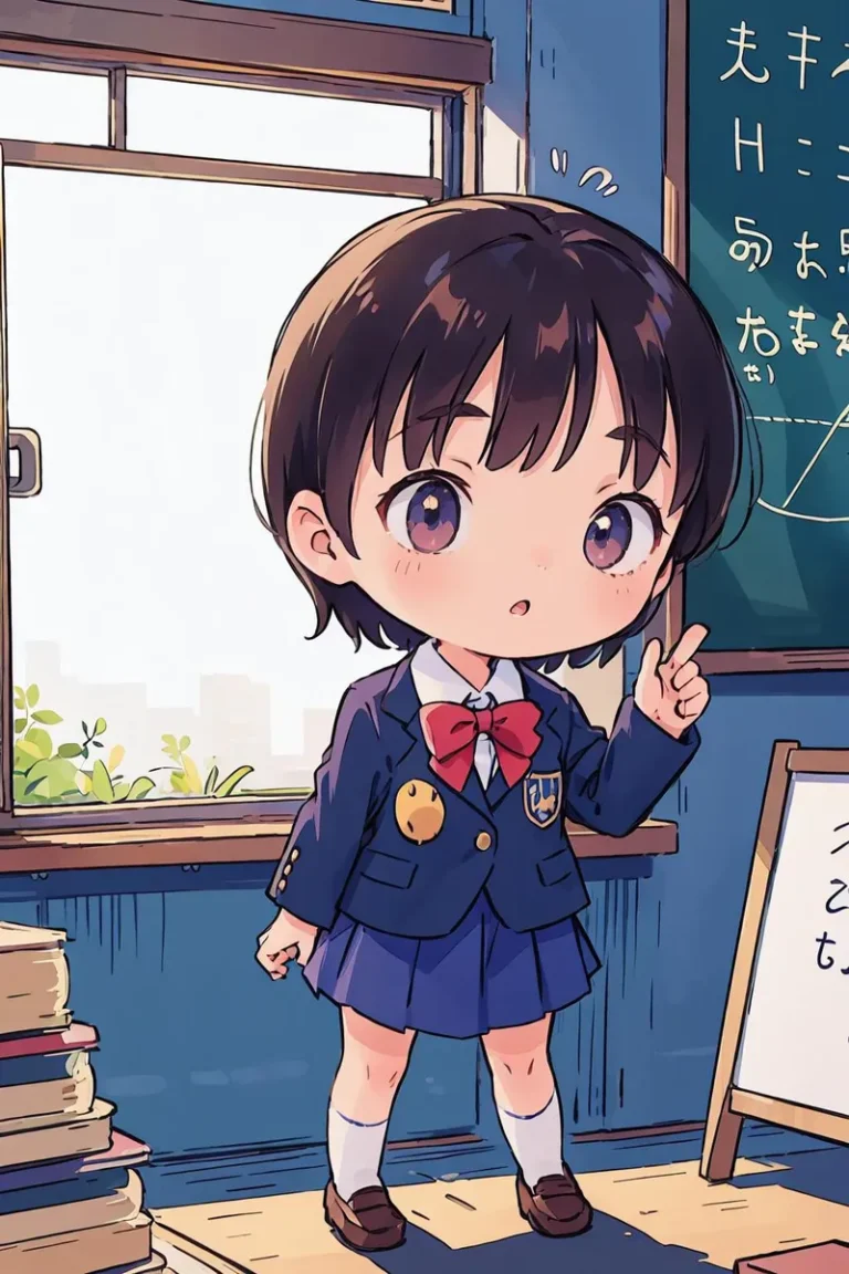 A cute chibi character with short black hair in a blue school uniform standing in a classroom, pointing at a chalkboard. AI generated image using Stable Diffusion.