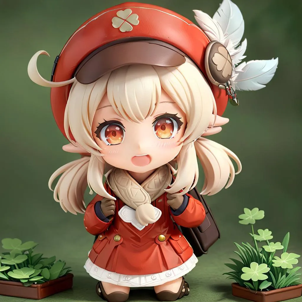 A chibi figure resembling an anime character with large expressive eyes, wearing a red outfit with a clover motif hat, standing amidst potted clover plants. AI generated image using Stable Diffusion.
