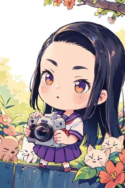 Chibi girl in an anime style, holding an old-fashioned camera with surrounding cats. AI generated using Stable Diffusion.