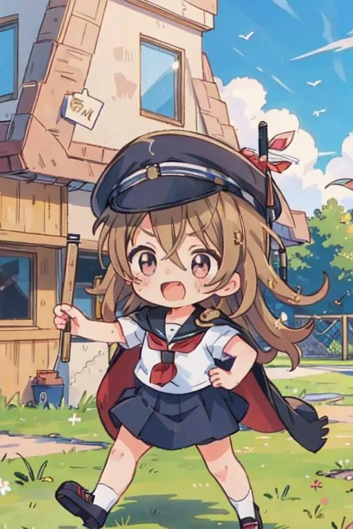 A cute chibi girl in an anime style wearing a school uniform and a hat, standing cheerfully in front of a charming house. AI generated image using Stable Diffusion.