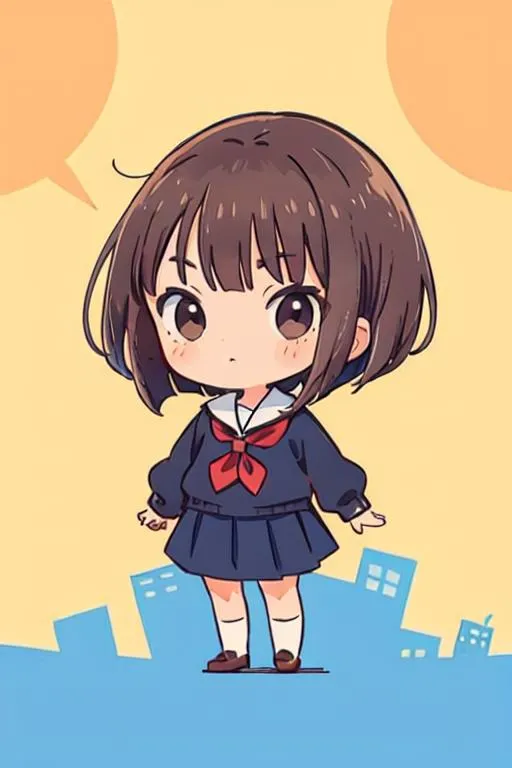 Cute chibi schoolgirl anime character in a sailor uniform standing against a simple background. AI generated using Stable Diffusion.