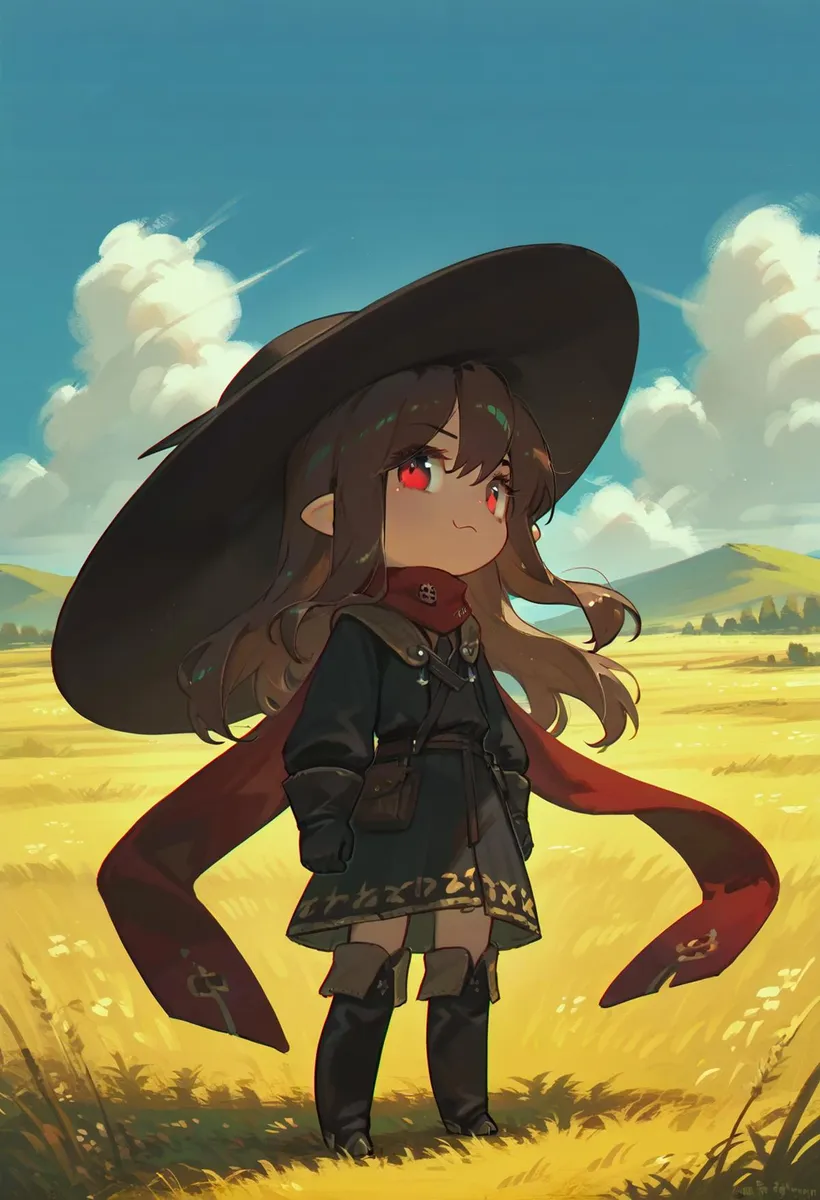 Chibi-style witch with red eyes and a large hat standing in a golden field with a blue sky and fluffy clouds. This is an AI generated image using stable diffusion.