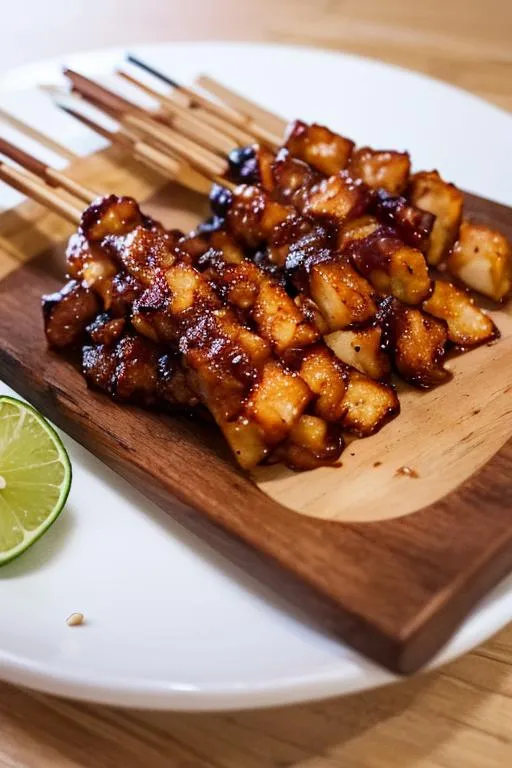 Juicy grilled chicken skewers with a tangy barbecue glaze on a wooden serving board. AI generated image using stable diffusion.
