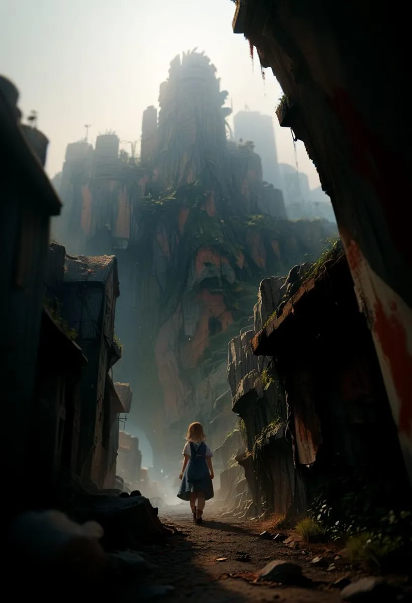 AI generated image using Stable Diffusion. A young child in a blue dress walking through an abandoned, overgrown city alleyway with a towering building.
