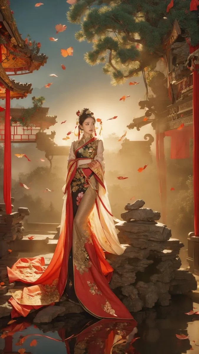 A beautiful woman in traditional Chinese attire stands amidst an ancient architectural setting with gently falling leaves. This is an AI generated image using stable diffusion.