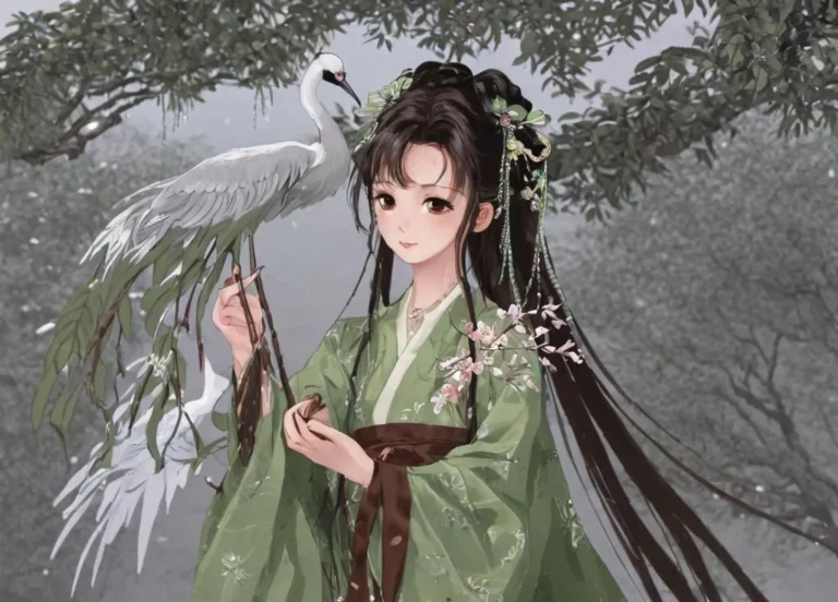 AI-generated image of an Asian woman in traditional Chinese attire holding a crane, with a serene forest background created using Stable Diffusion.