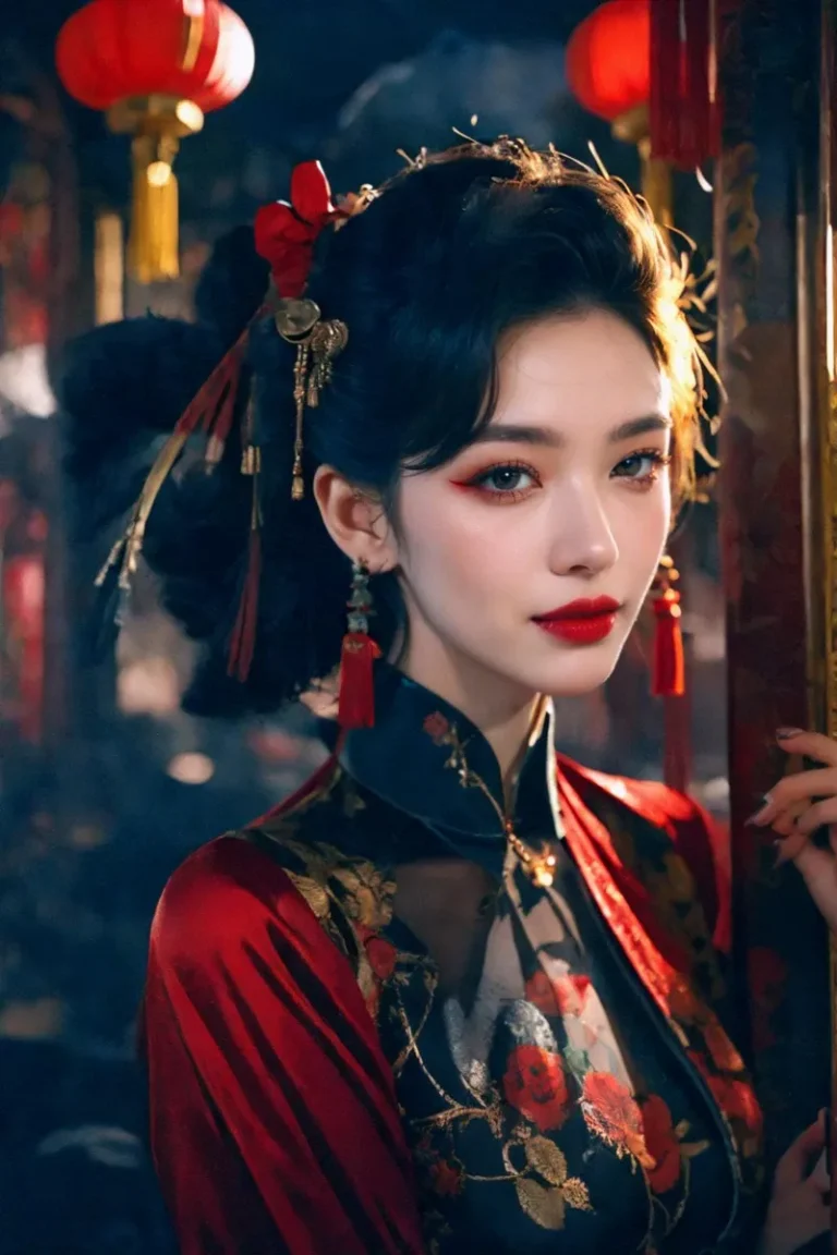 Elegant woman in traditional Chinese attire with ornate hair accessories and red tassels, generated by AI using stable diffusion.