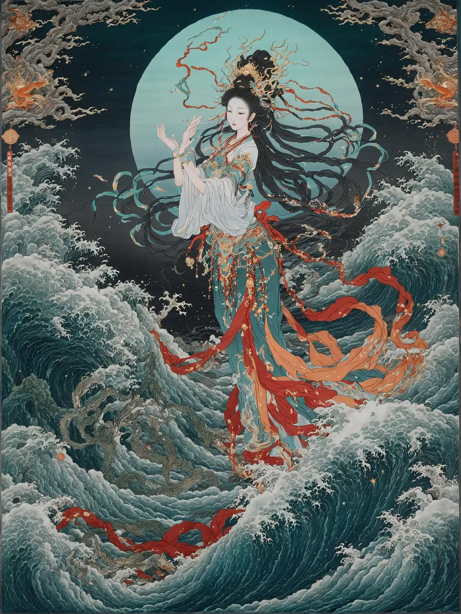 AI generated image using stable diffusion depicting a Chinese goddess standing gracefully amidst large ocean waves with a full moon in the background.