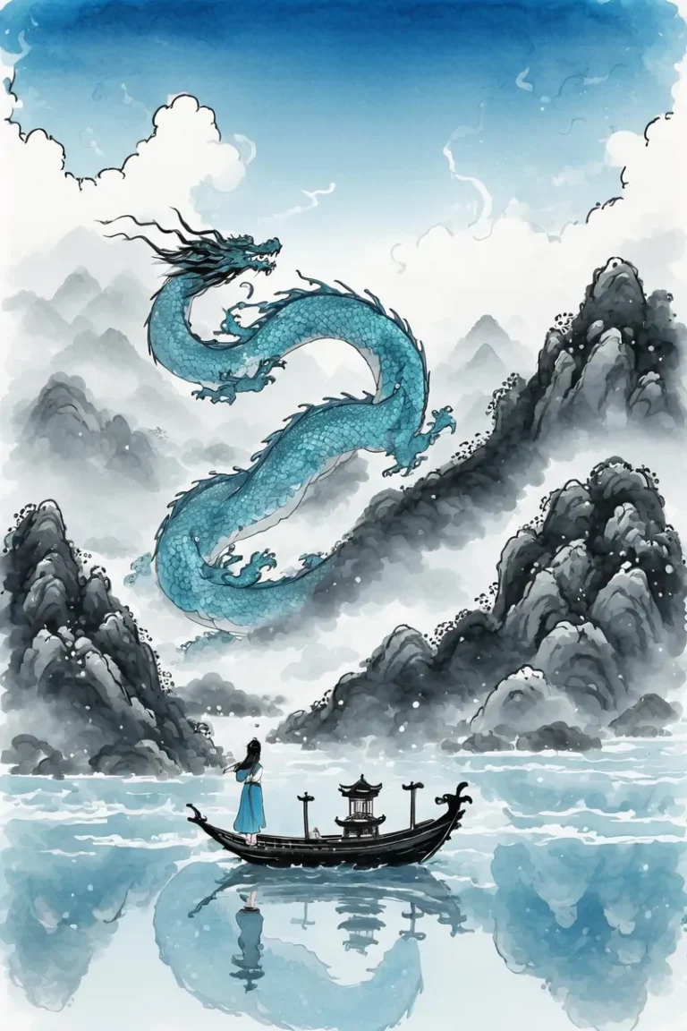 A Chinese landscape depicted in traditional art style with an enchanting blue dragon soaring above misty mountains and a person standing on a boat. This is an AI generated image using Stable Diffusion.