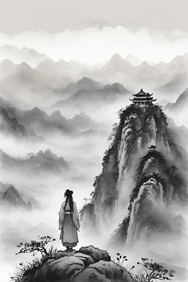 A detailed ink wash painting of a mountainous landscape in traditional Chinese style featuring a lone figure standing on a cliff with mountain peaks and a pagoda.