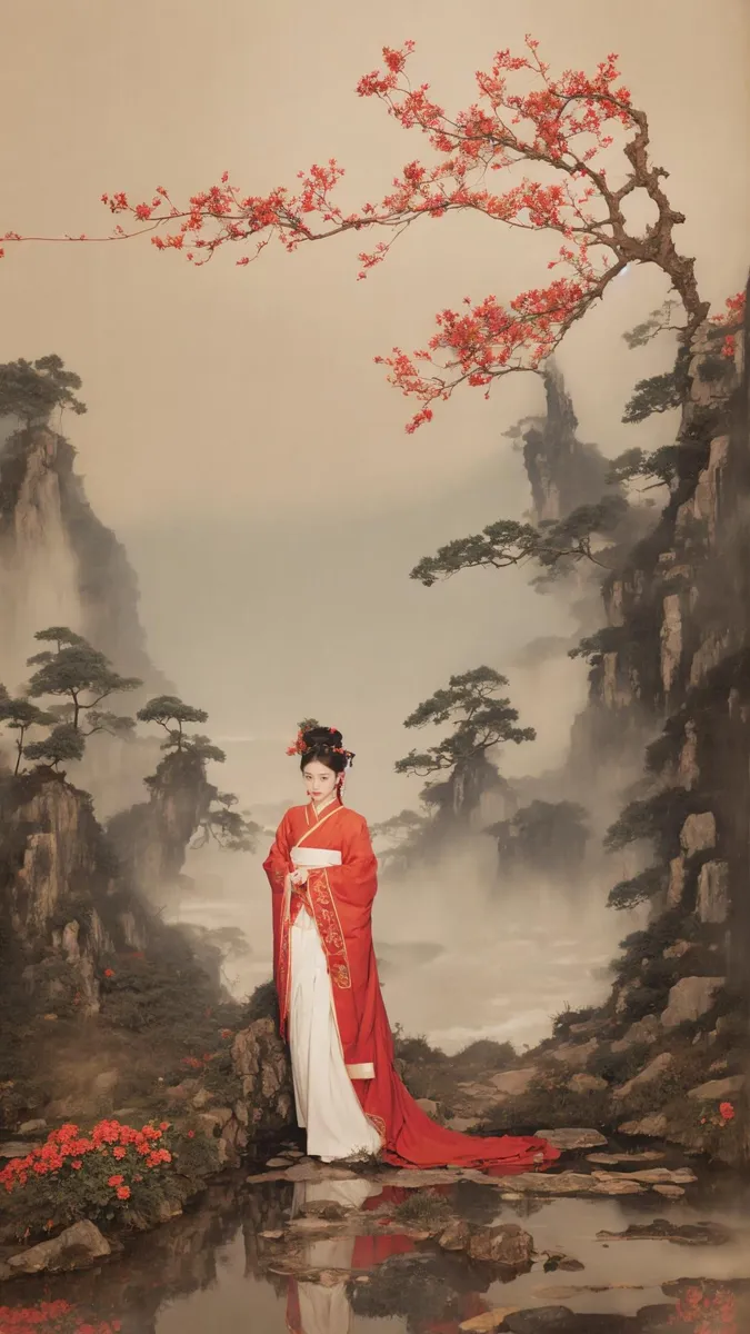 AI-generated image of a woman in traditional Chinese dress standing amidst a serene mountain landscape with blossoming trees, using Stable Diffusion.