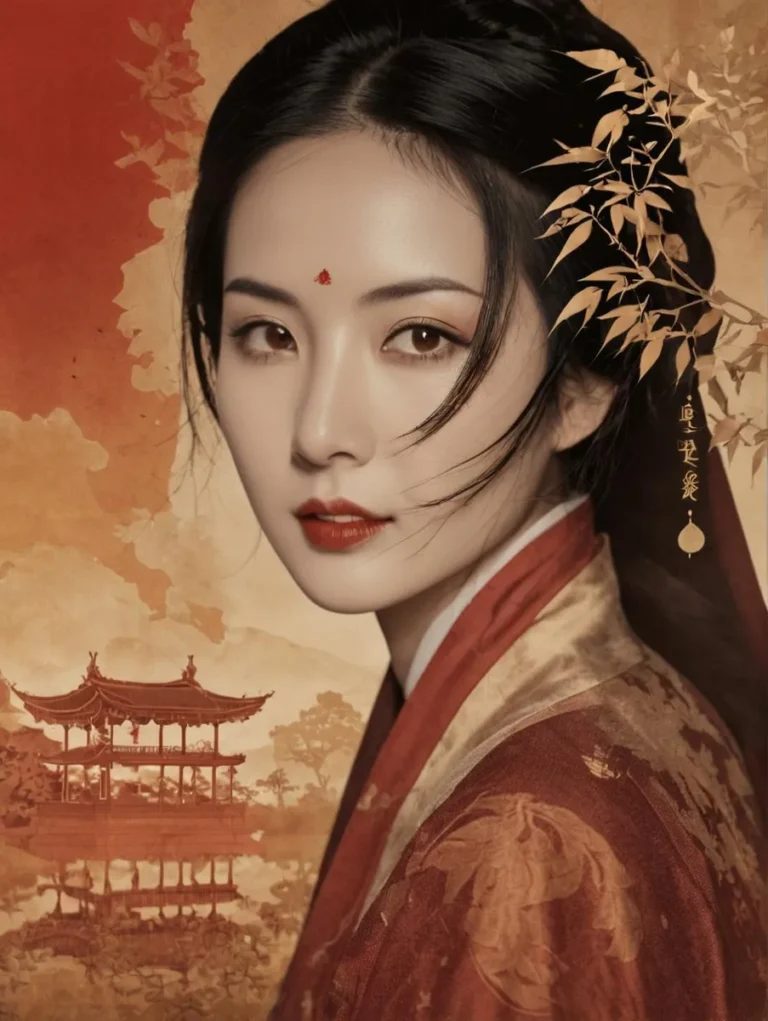 AI generated image using Stable Diffusion of a beautiful woman dressed in traditional Chinese attire with flowing hair, detailed ancient clothing, and a serene oriental background with a pagoda and foliage.