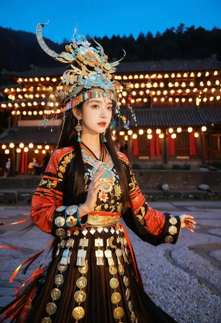 A Chinese woman in an elaborate traditional costume stands gracefully in front of a backdrop filled with illuminated lanterns during twilight. This is an AI generated image using Stable Diffusion.