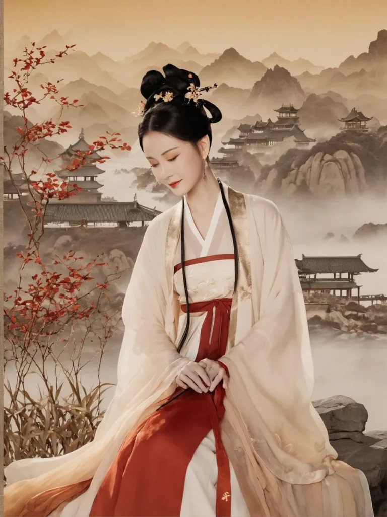 A Chinese woman in traditional dress sitting gracefully against an ancient landscape backdrop with temples and mountains, an AI generated image using Stable Diffusion.