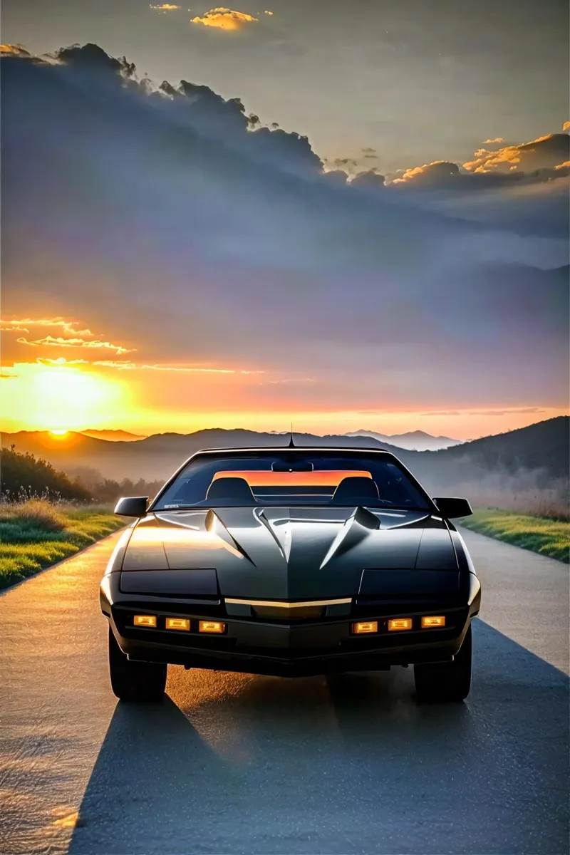 A classic black car cruising down a scenic road with a breathtaking sunset in the background, generated using Stable Diffusion.