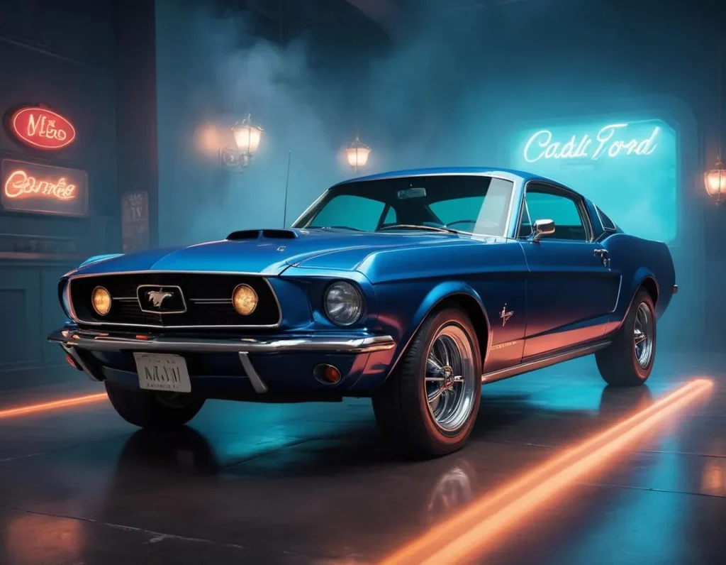 A vibrant blue classic Mustang car parked in a neon-lit garage, emphasizing the vintage aesthetics with a modern touch using Stable Diffusion.