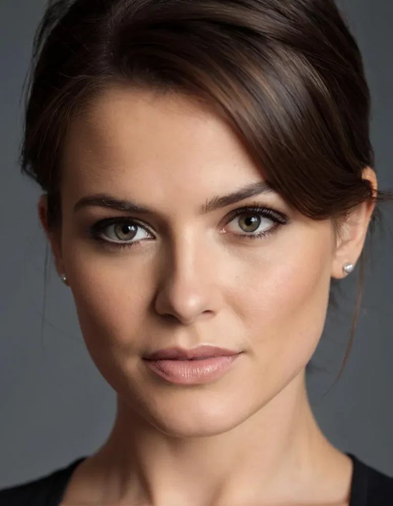 Close-up portrait of a young woman with brown hair, light makeup, and neutral expression. This is an AI generated image using stable diffusion.