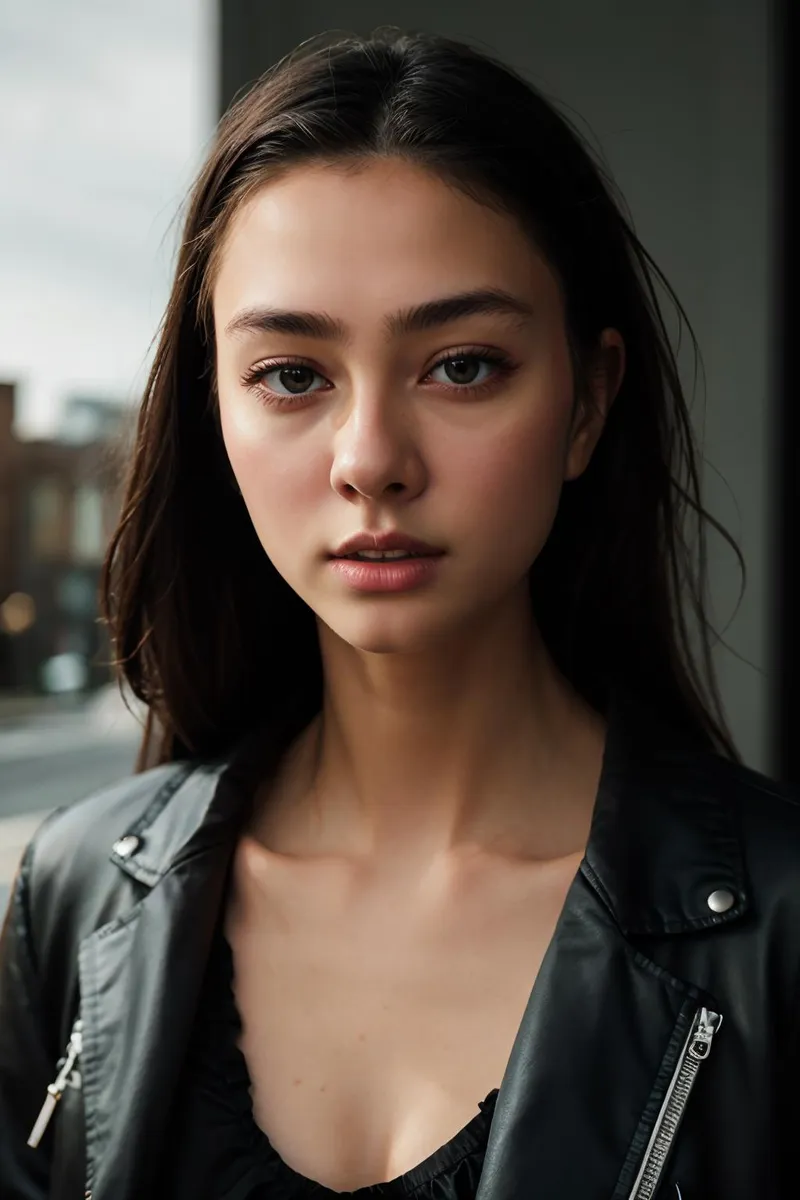 Close-up portrait of a woman with natural lighting, wearing a leather jacket. AI generated image using stable diffusion.