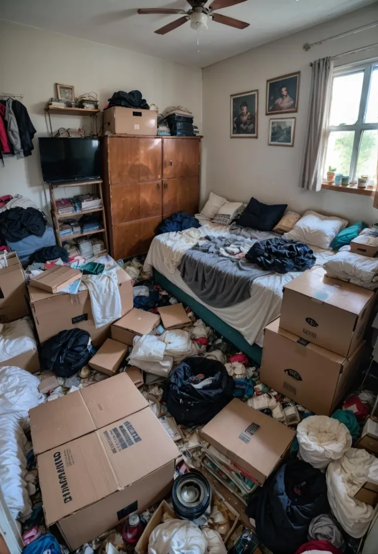 A cluttered, messy bedroom with boxes and clothes scattered everywhere, an AI generated image using stable diffusion.