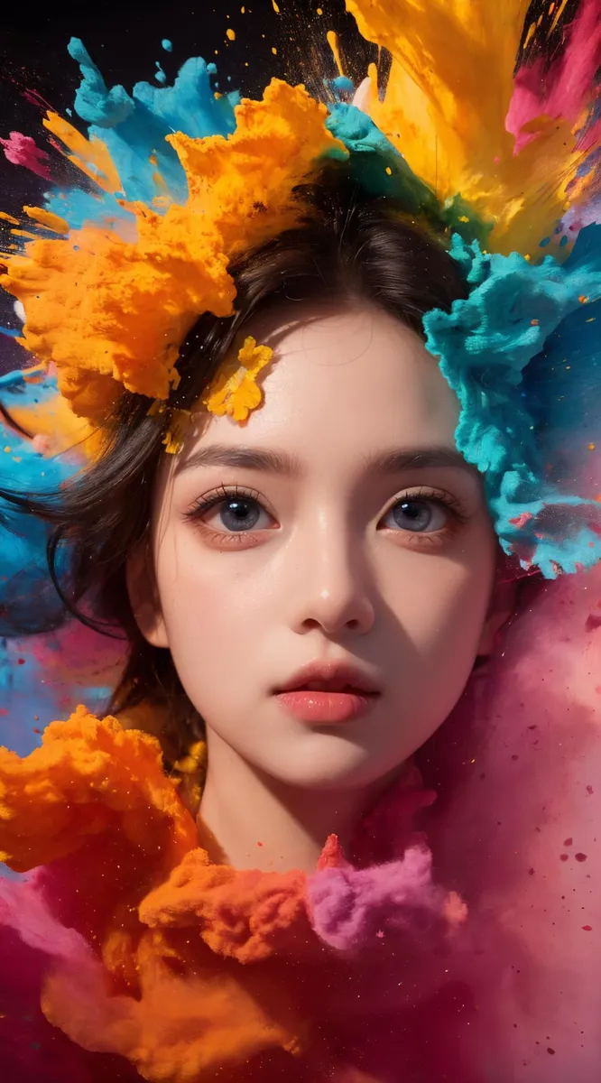 AI generated image using Stable Diffusion featuring a close-up portrait of a woman surrounded by a vibrant explosion of colorful powders, highlighting her detailed facial features.