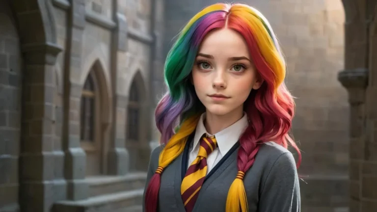 A colorful-haired schoolgirl in a magical setting, generated using AI. She has vibrant, multi-colored hair in shades of green, blue, yellow, and pink, styled in pigtails, and is dressed in a school uniform with a striped necktie, against a background of an ancient cloister.