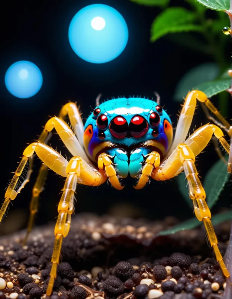 A vivid and detailed close-up of a colorful spider created using Stable Diffusion AI, featuring a turquoise body with red eyes, bright orange legs, and glowing blue orbs in the background.