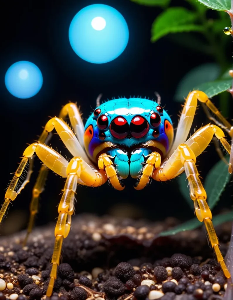 A vivid and detailed close-up of a colorful spider created using stable diffusion ai, featuring a turquoise body with red eyes, bright orange legs, and glowing blue orbs in the background.