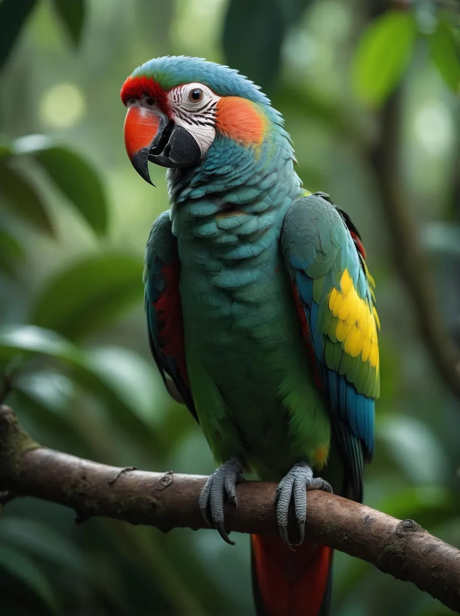 A vibrant and colorful macaw perched on a tree branch in a lush tropical forest. This is an AI generated image using Stable Diffusion.