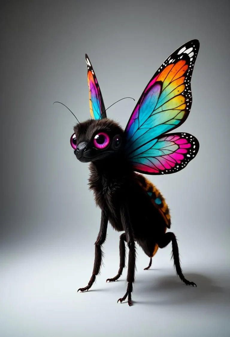 A vibrant fantasy insect creature with a black furry body and colorful, large butterfly wings, generated by AI using stable diffusion.