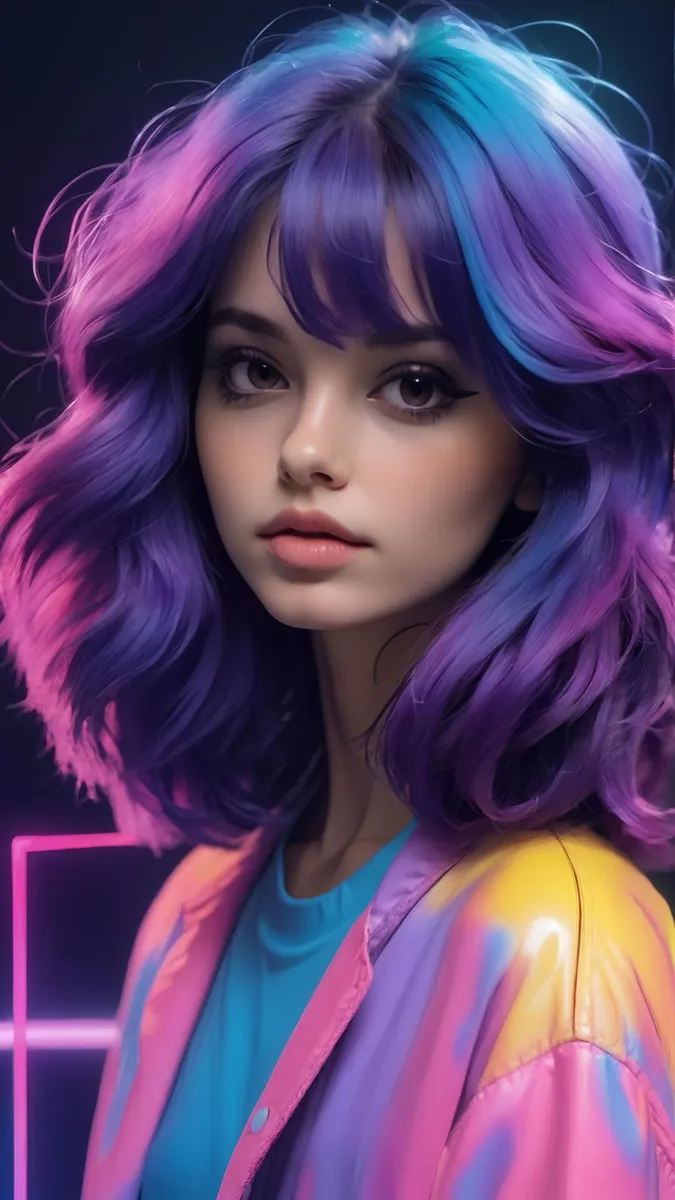 Girl with vivid pink, purple, and blue hair wearing a colorful neon jacket. AI generated image using Stable Diffusion.