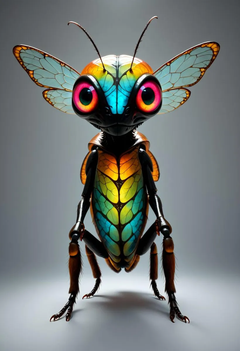 A colorful fantasy insect creature with large vibrant eyes and translucent wings created using AI and Stable Diffusion.