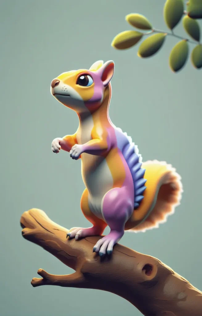Cute and colorful squirrel perched on a branch, an AI generated image using stable diffusion.