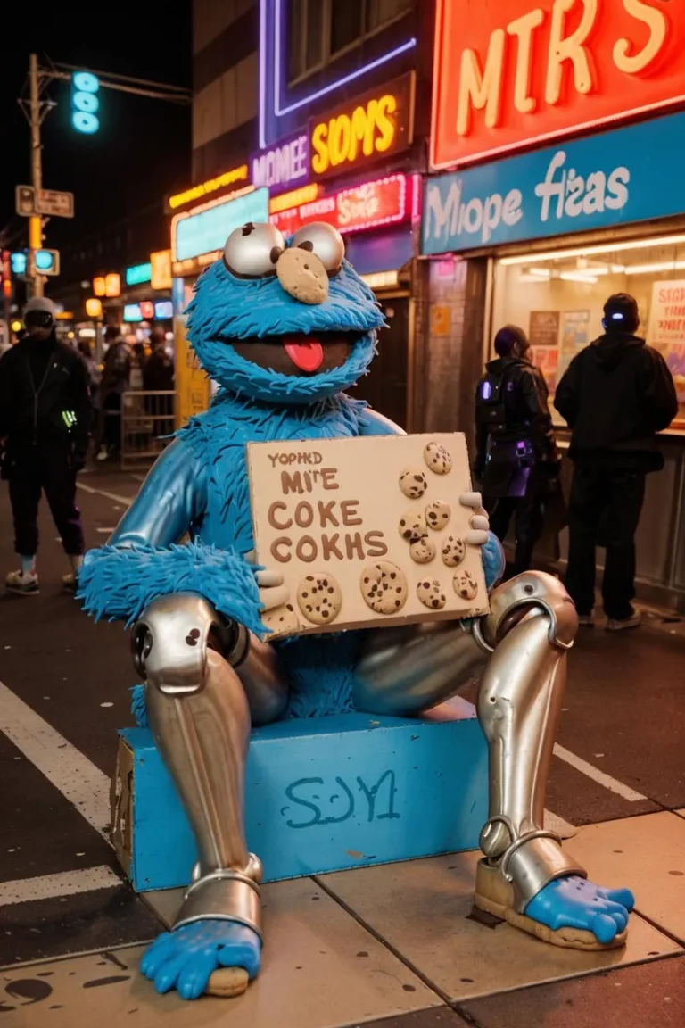 Cyberpunk-styled Cookie Monster holding a box of cookies, created with stable diffusion AI.