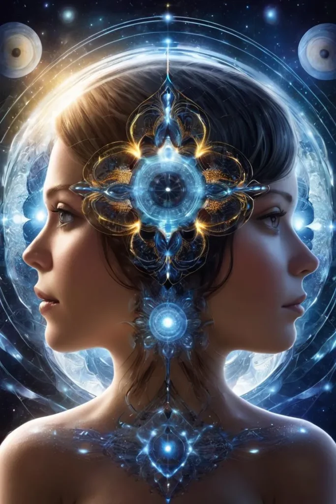 Ai generated image using stable diffusion featuring a cosmic duality of two female profiles, back to back, surrounded by futuristic, glowing blue and gold celestial patterns.