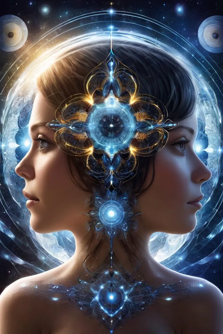 AI generated image using Stable Diffusion featuring a cosmic duality of two female profiles, back to back, surrounded by futuristic, glowing blue and gold celestial patterns.