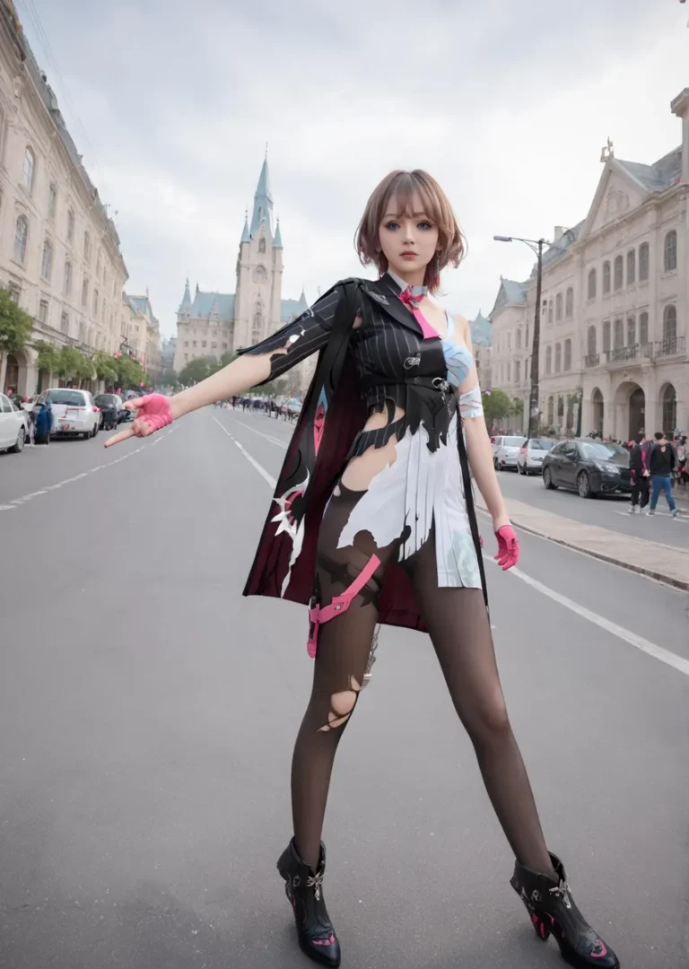 AI generated image using stable diffusion depicting a woman in elaborate cosplay fashion standing on a city street with historic European architecture in the background.