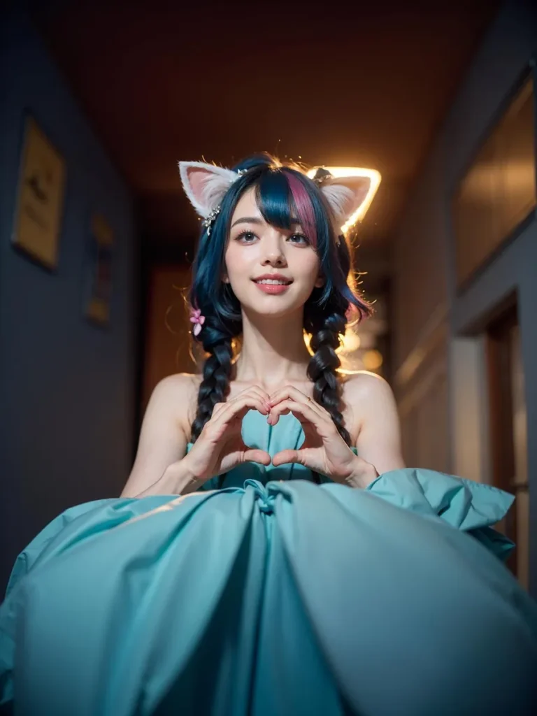 A cosplay girl with blue and pink hair, wearing cat ears and forming a heart gesture with her hands, AI generated image using stable diffusion.