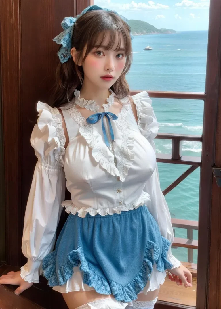 A cosplay maid dressed in a white and blue frilled outfit, set against a stunning seaside view with blue waters and a distant boat.