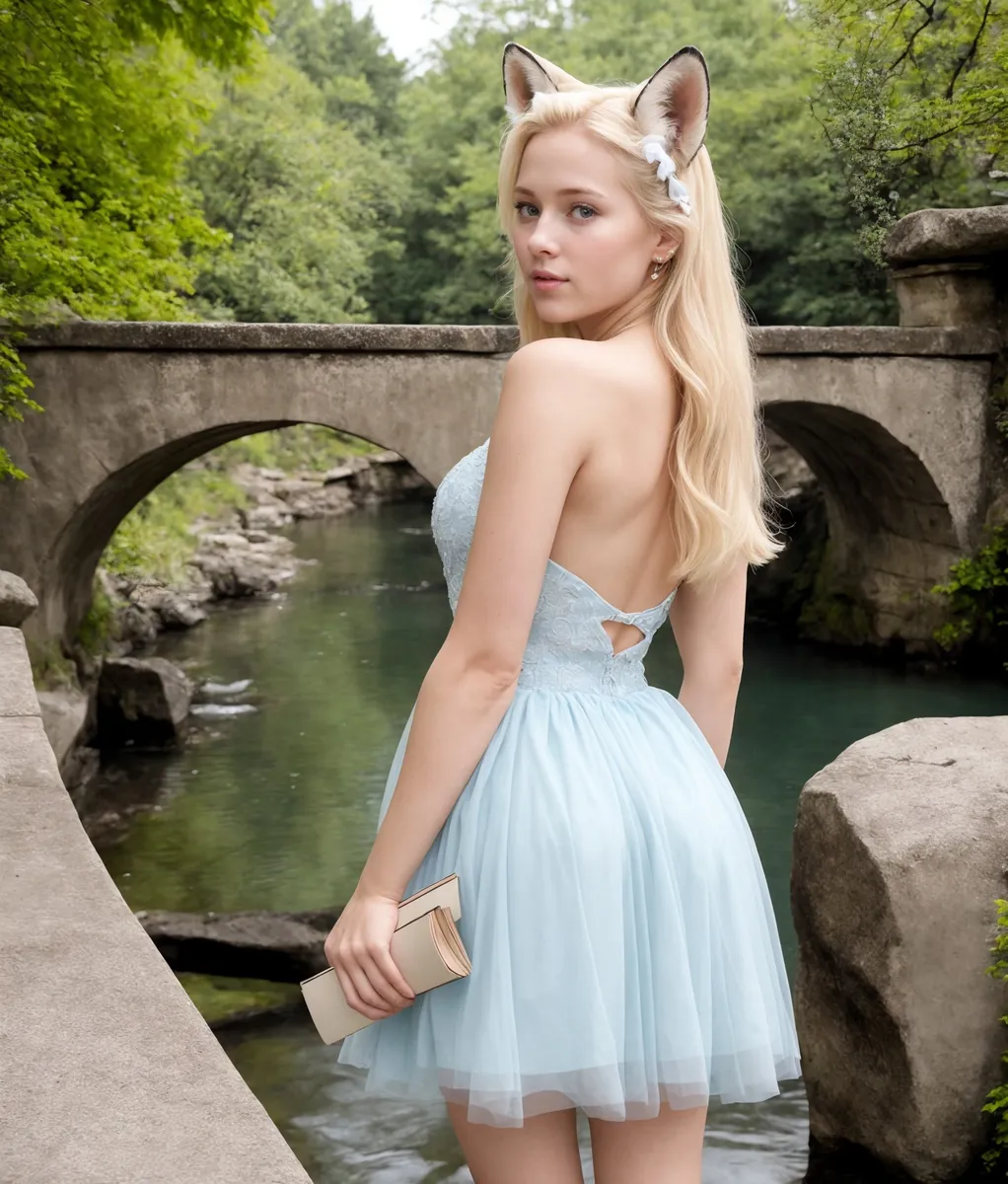 Fantasy character cosplay in a light blue dress with cat ears standing on a forest bridge, AI generated image using stable diffusion.