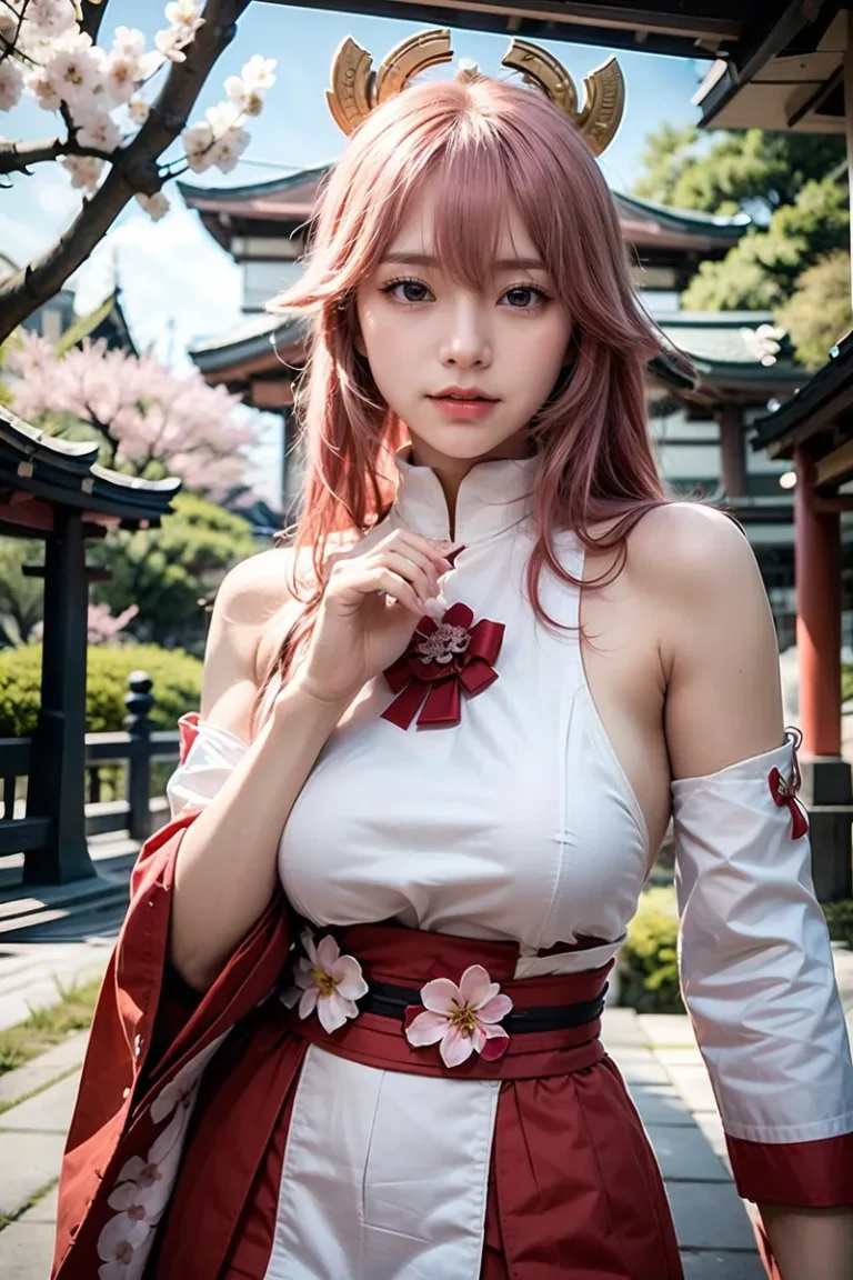 AI generated image of a character in intricate anime-inspired cosplay attire, set in a serene Japanese garden backdrop, created using Stable Diffusion.