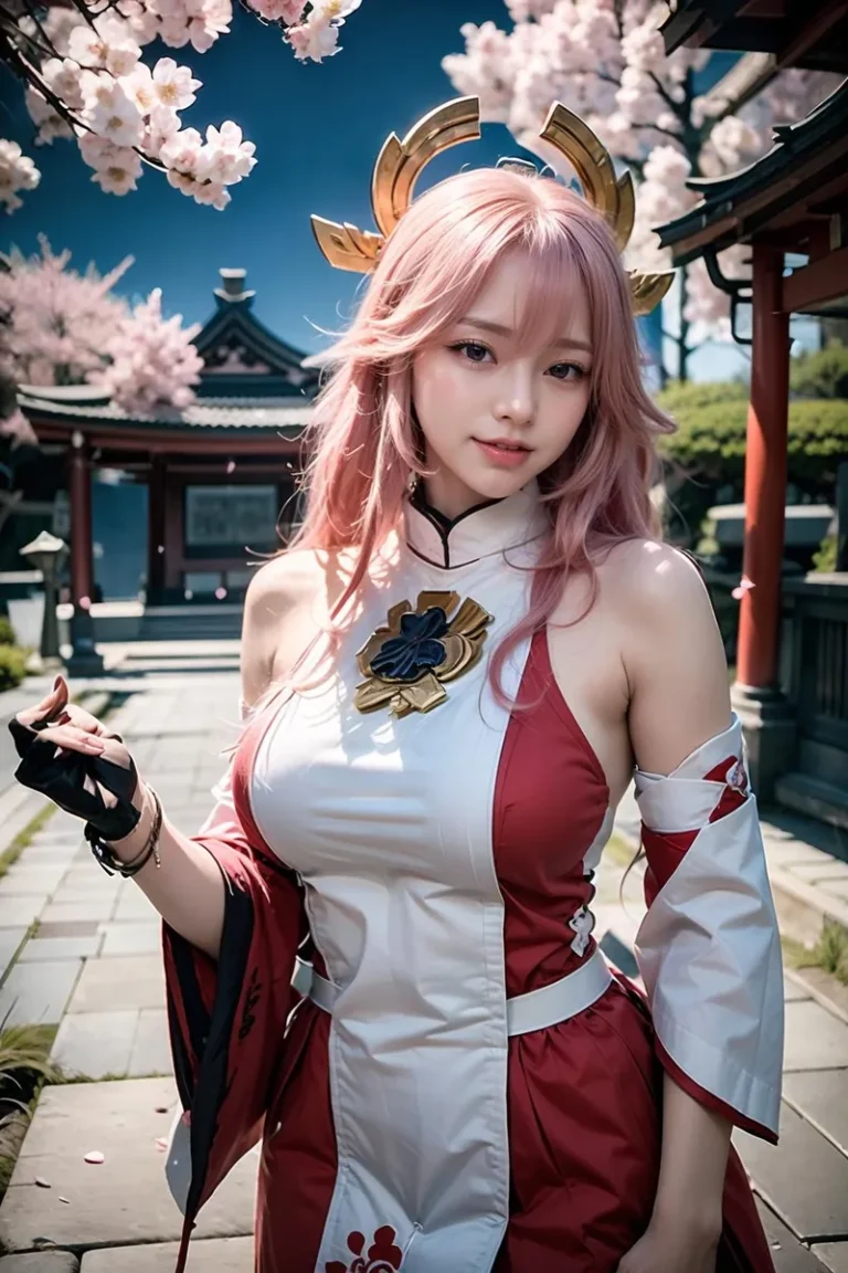 Young woman in a detailed anime-inspired cosplay outfit, cherry blossoms and traditional Japanese architecture in the background. AI generated image using Stable Diffusion.