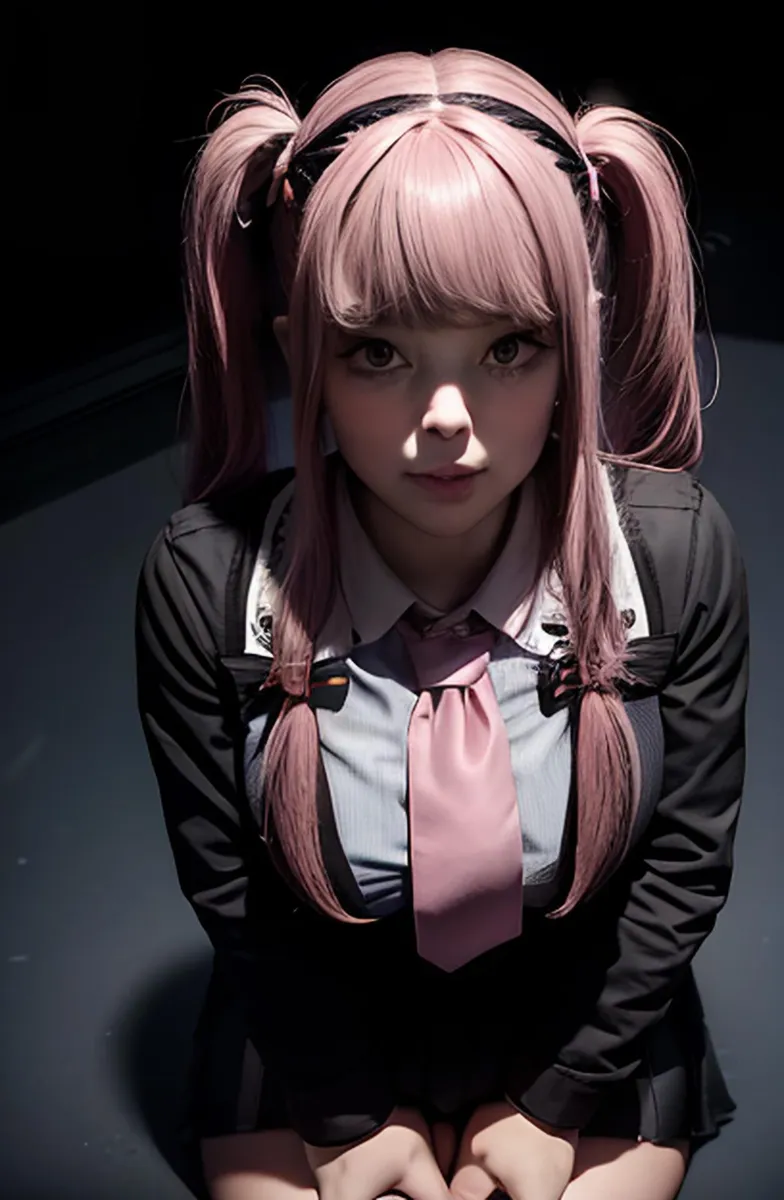 Cosplay girl with pink hair styled in pigtails, wearing a school uniform with black blazer, blue shirt, and pink tie. AI generated image using stable diffusion.