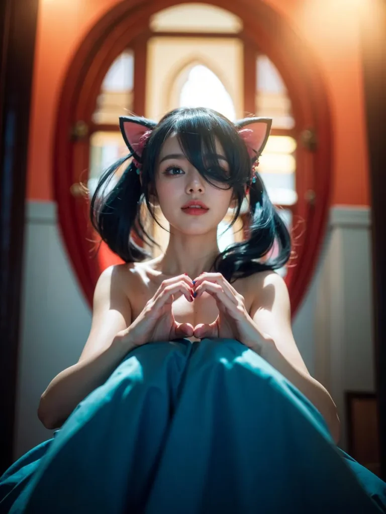 A cute girl in cosplay with cat ears and twin ponytails, gently forming a heart shape with her hands in front of her face. This AI generated image uses Stable Diffusion.