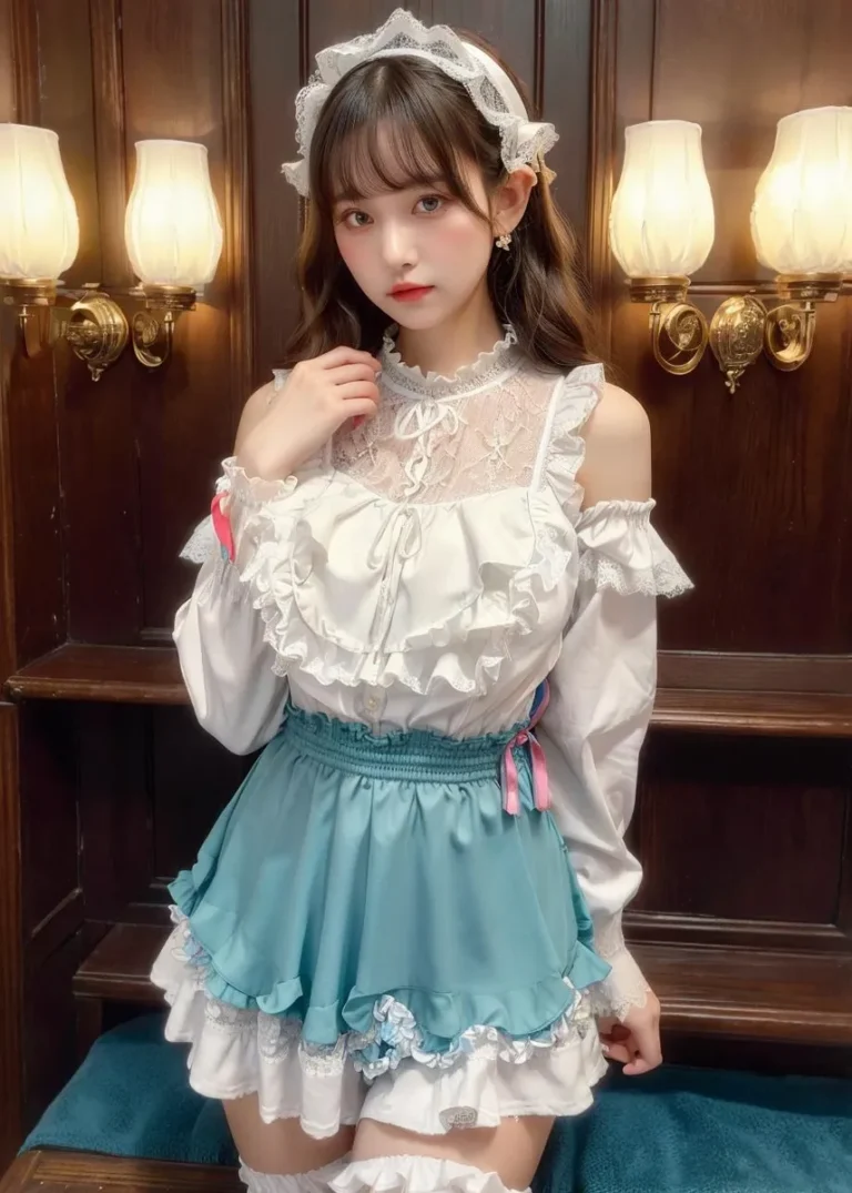 A person dressed in a white and blue vintage-style maid outfit with lace details created by AI using Stable Diffusion.
