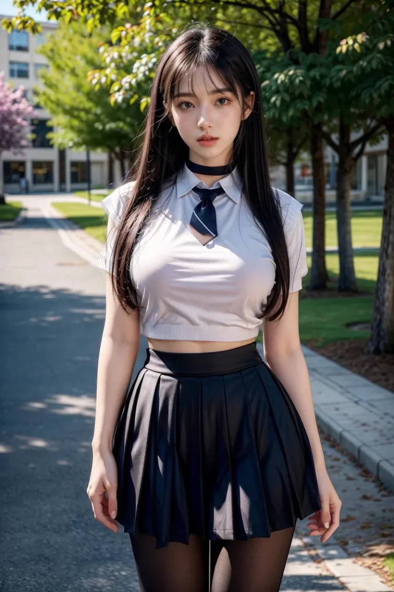 Cosplay schoolgirl in a school uniform standing outside. AI generated image using Stable Diffusion.