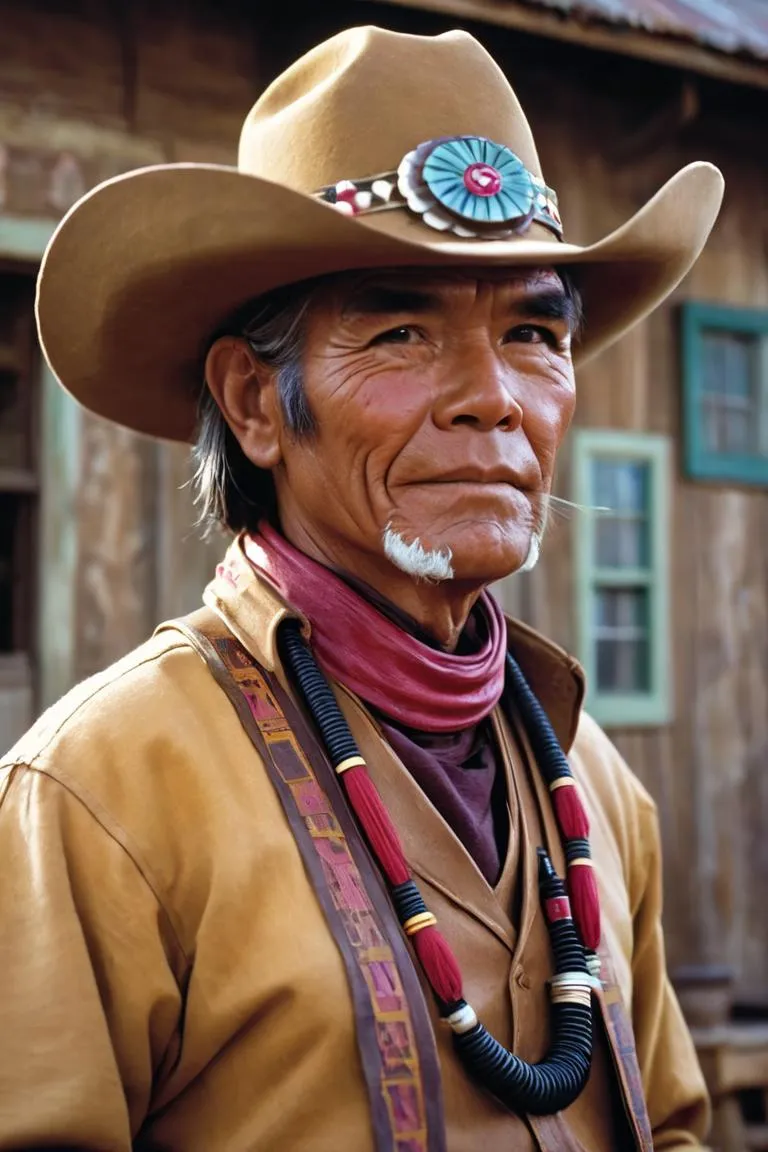 Native American cowboy in traditional attire with a rustic background, created using Stable Diffusion.