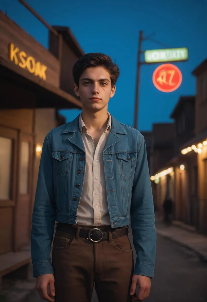 Young cowboy in a denim jacket standing in an evening western town with neon signs and rustic buildings in the background. AI generated image using Stable Diffusion.