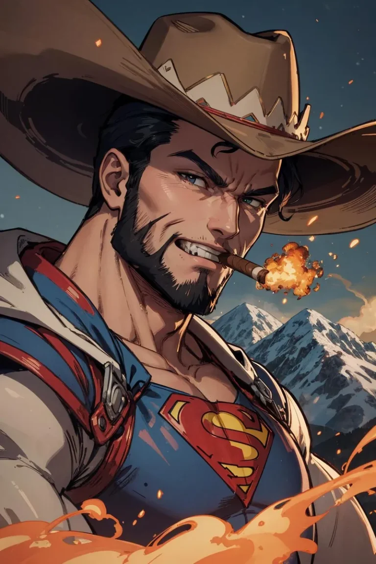 This AI generated image, created using Stable Diffusion, depicts a muscular superhero resembling Superman dressed in a cowboy outfit with a large hat, smirking as he holds a cigar that emits flames. A rugged mountain scene in the background completes the Western theme.